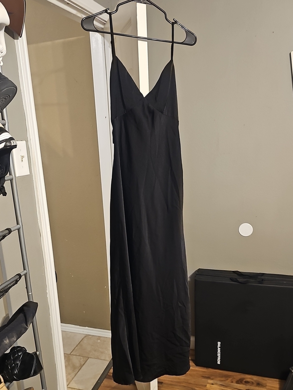 Forever 21 Black Satin Maxi Slip Dress Open Back Spaghetti Strap L